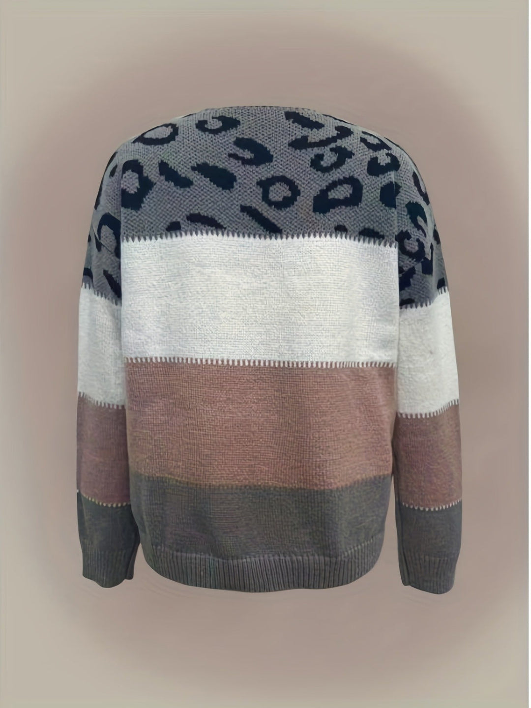 Solenne™ | Women's Colour Block Knit Sweater with Leopard Print Yoke