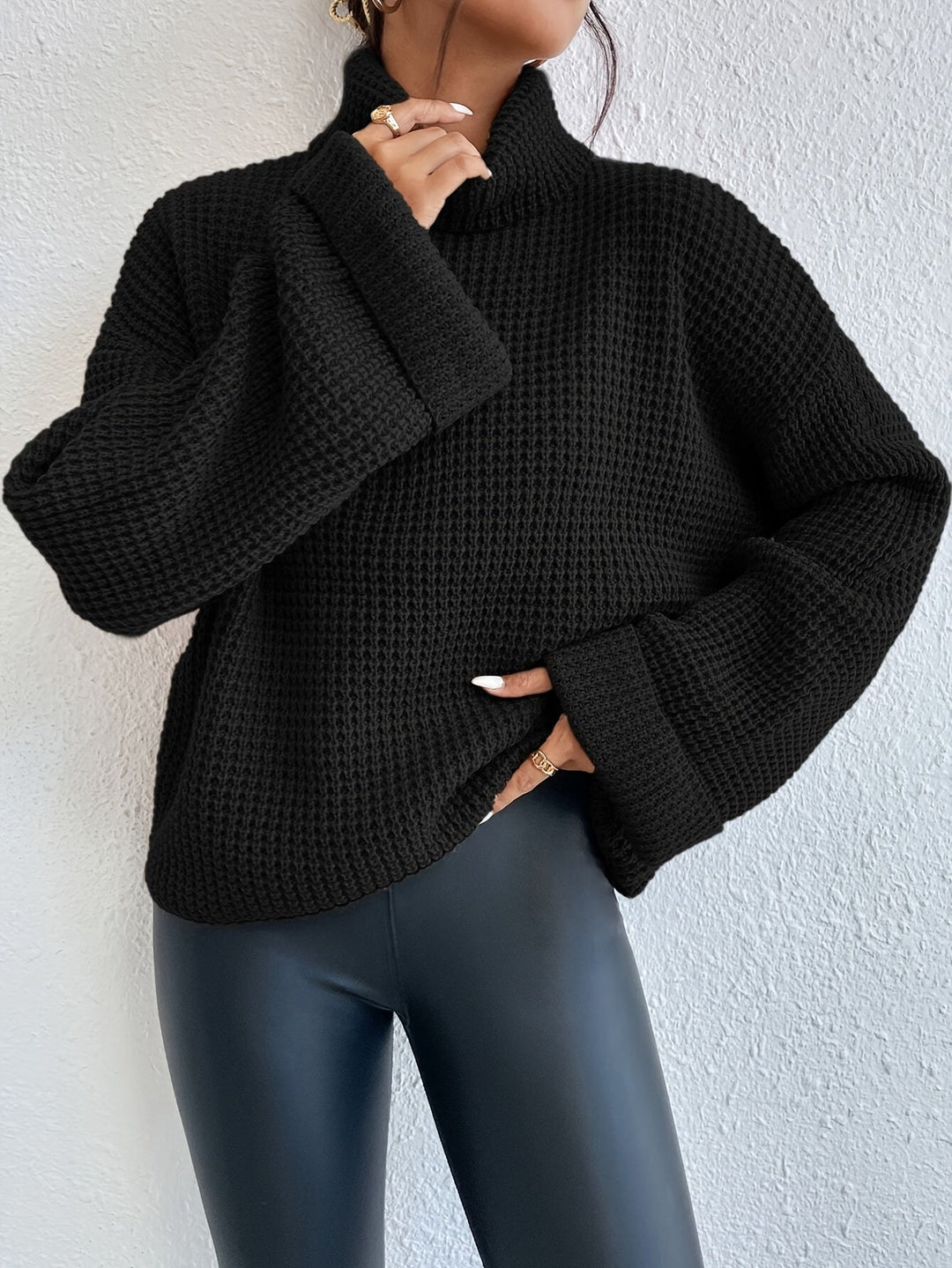Whitney™ | Women's High Neck Waffle Knit Drop Shoulder Sweater