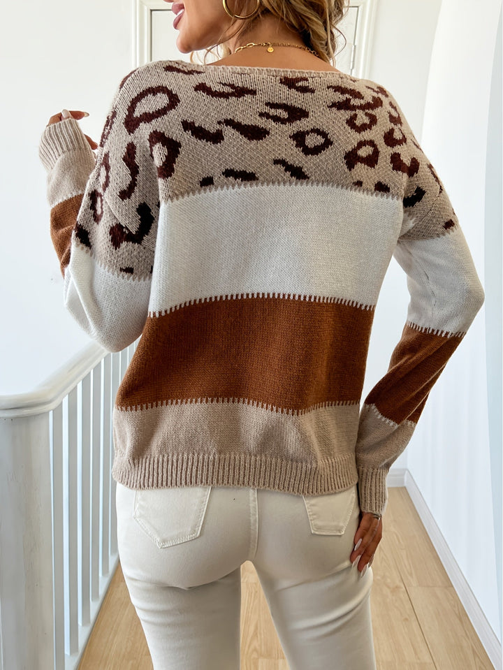 Solenne™ | Women's Colour Block Knit Sweater with Leopard Print Yoke