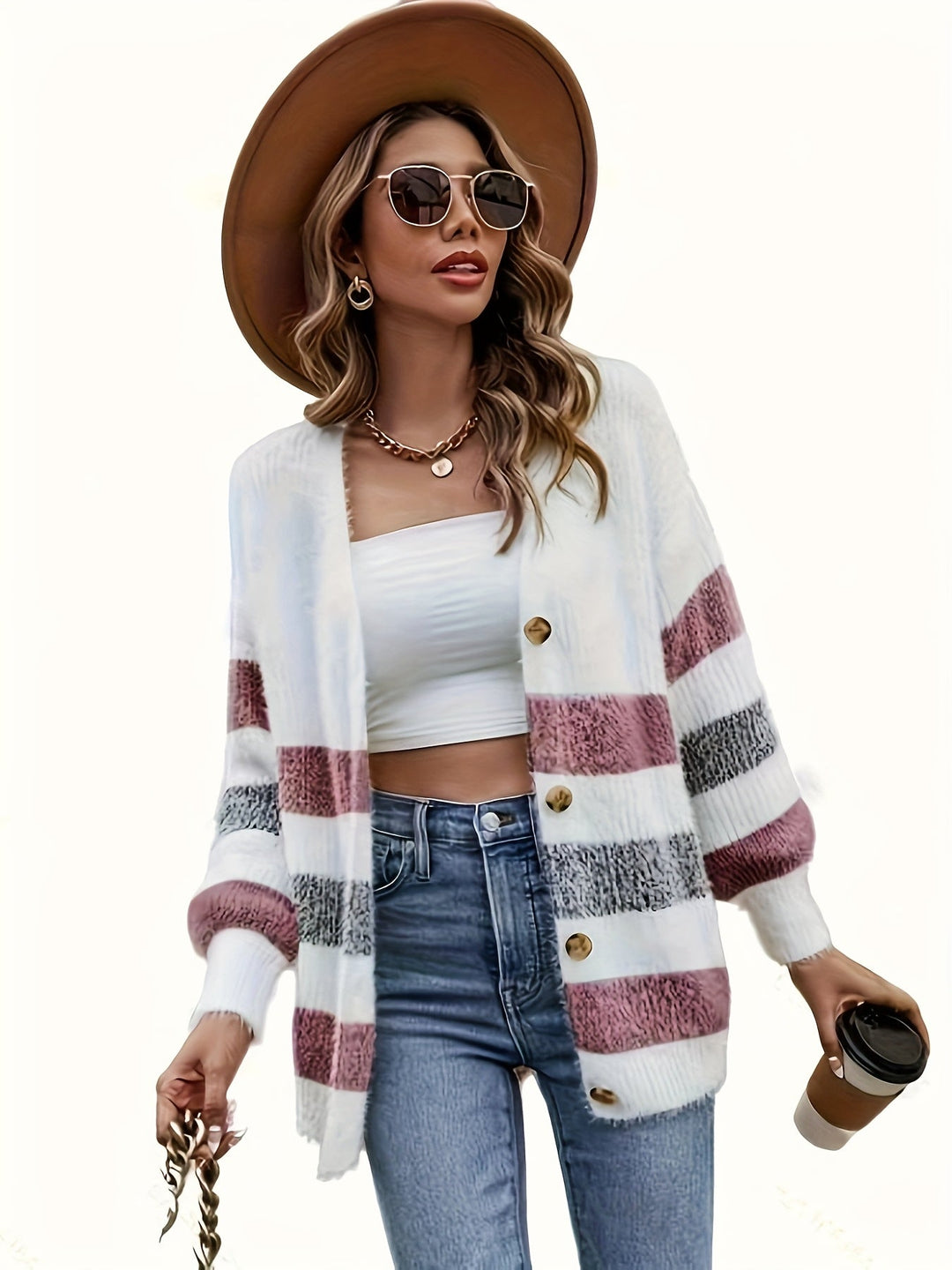 Kezia™ | Women's Striped Open Front Knit Cardigan with Drop Shoulders