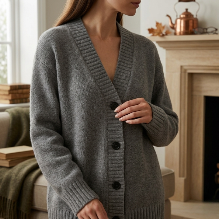 Isaura™ | Oversized V-Neck Knit Cardigan with Button Front, Grey