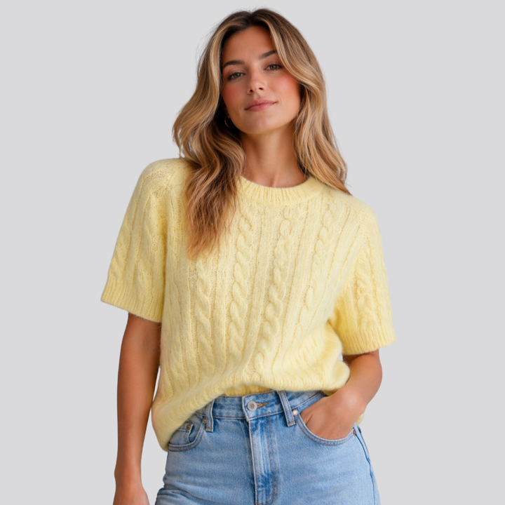 Marisol™ | Merino Wool Short Sleeve Cable Knit Top