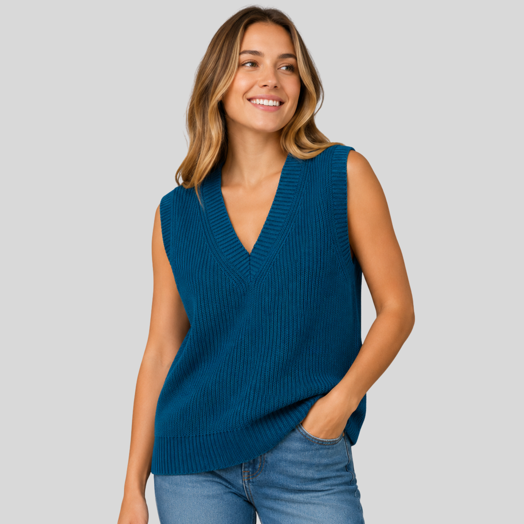 Zaneta™ | Cashmere Blend V-Neck Knit Vest with Ribbed Trims