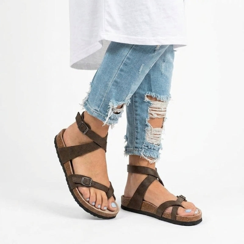 Flat Toe-Loop Sandals with Adjustable Buckle and Cork Footbed