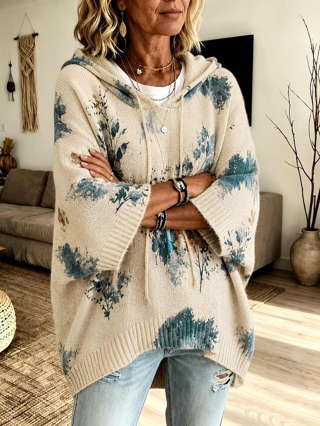 Roswitha™ | Women's Hooded Floral Cape Sweater with Drawstring