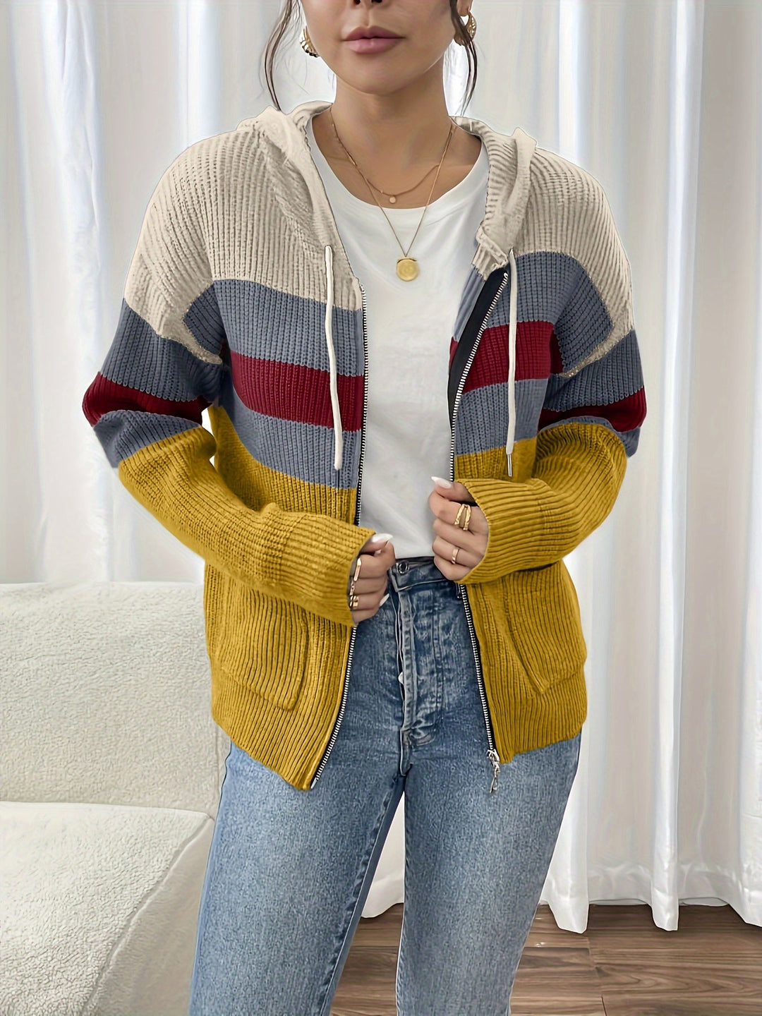 Susannah™ | Women's Colour Block Hooded Zip Cardigan with Pockets