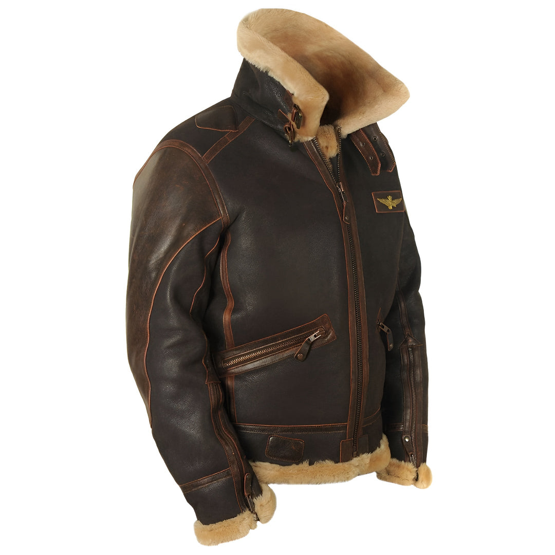 Leather Aviator Jacket with Shearling Collar in Dark Brown
