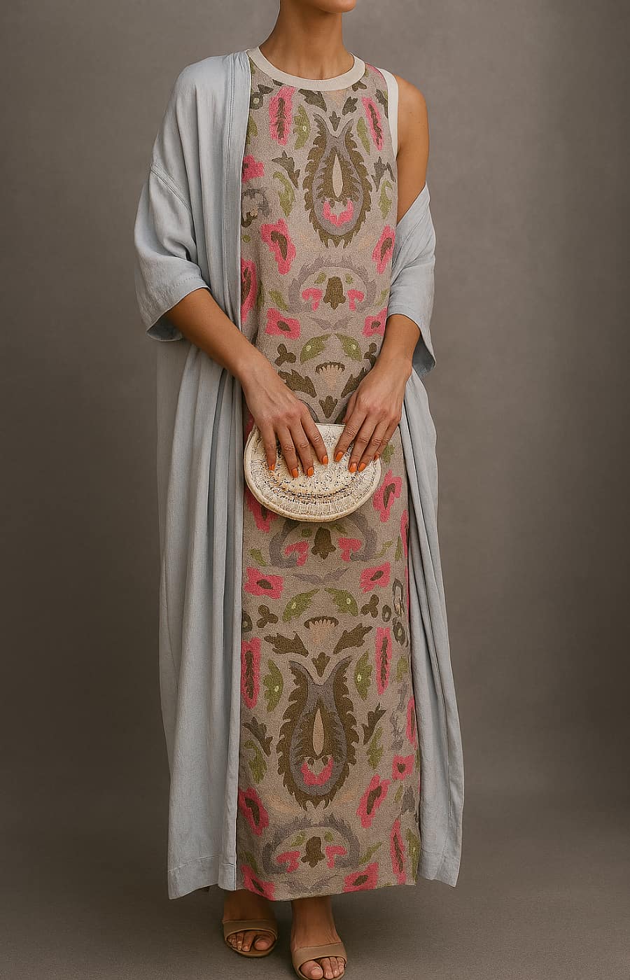 Elina™ | Printed Maxi Dress Set with Matching Vest