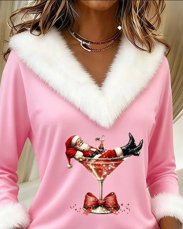 Victorine™ | Women's V-Neck Holiday Top with Plush Collar and Cuffs