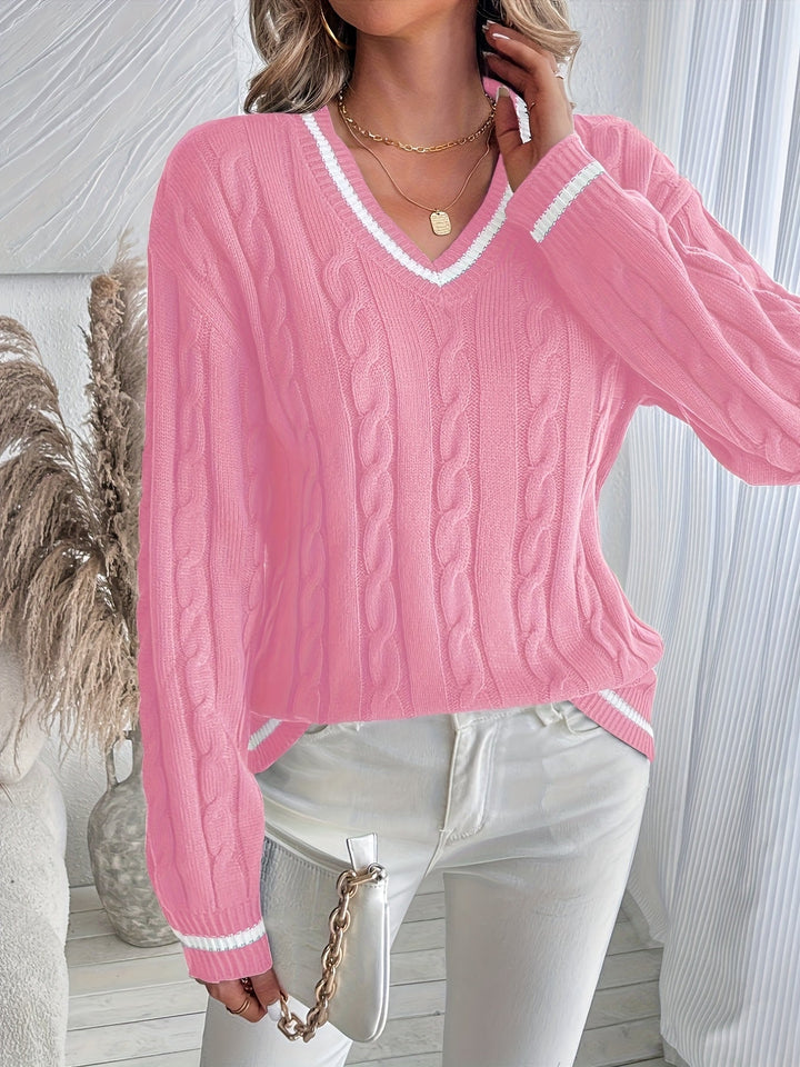 Sidony™ | Women's Cable Knit V Neck Sweater with Striped Trim