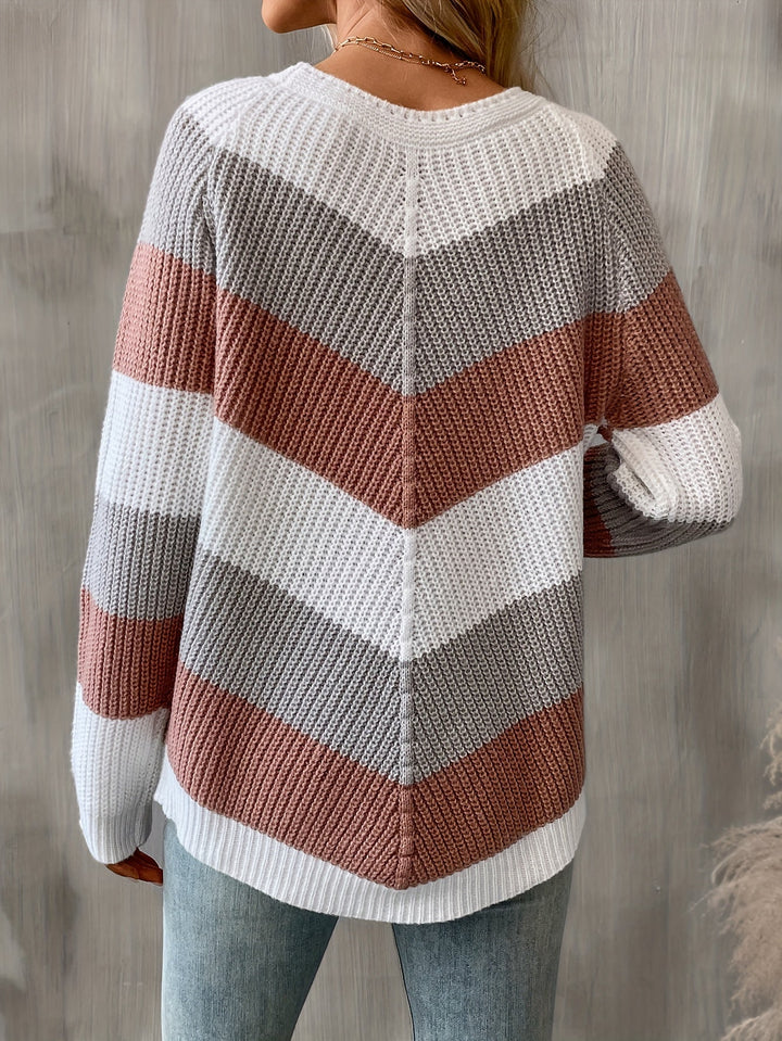 Tabitha™ | Women's Chevron Colour Block Knit Sweater with Round Neck