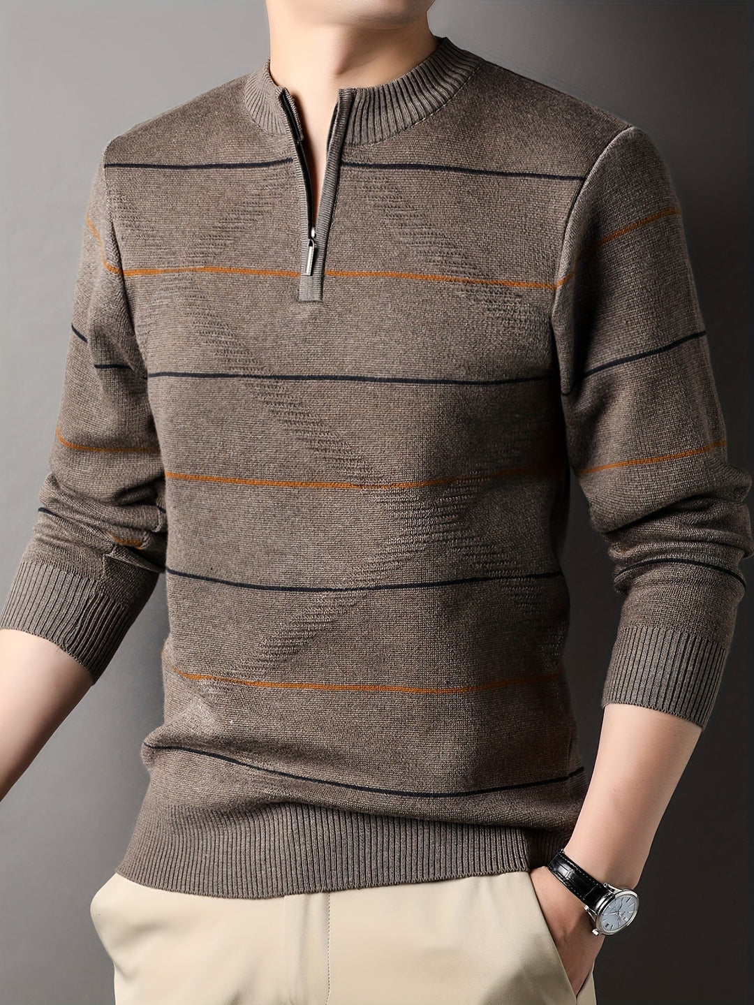 Montgomery™ | Men's Striped Zip Neck Sweater with Ribbed Cuffs