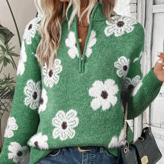 Dionysia™ | Women's Daisy Floral Half Zip Knit Sweater with Collar