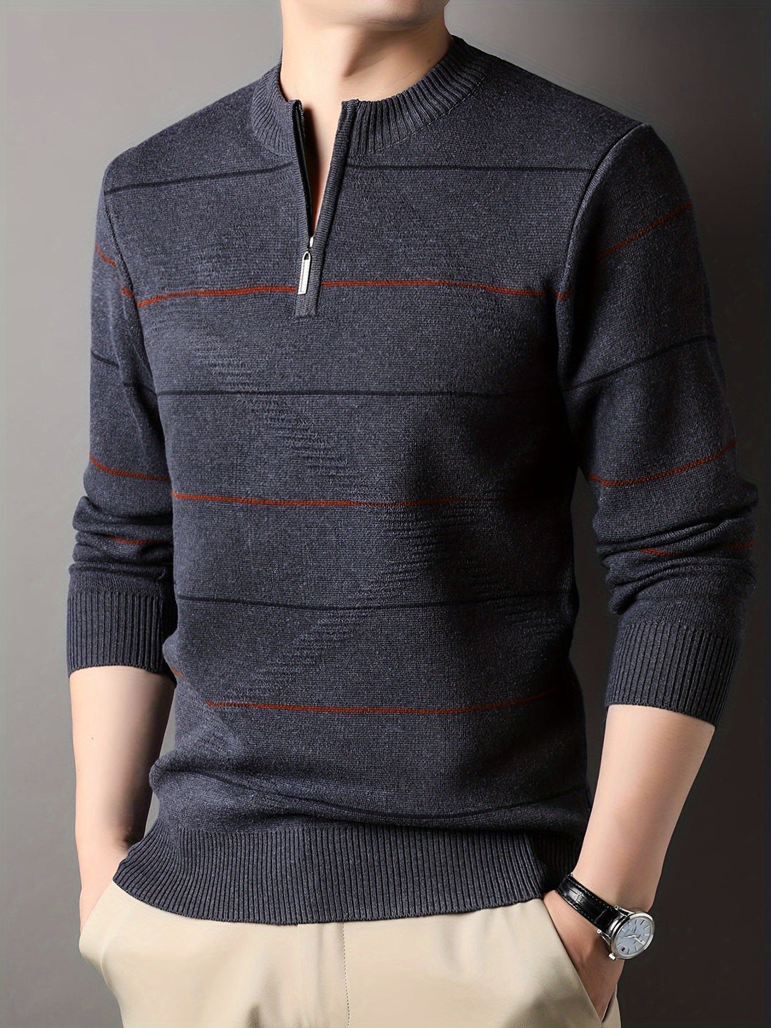 Montgomery™ | Men's Striped Zip Neck Sweater with Ribbed Cuffs