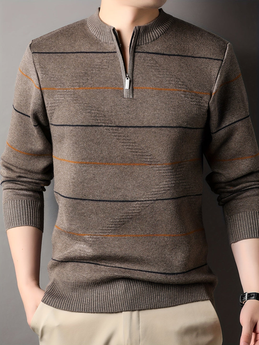 Montgomery™ | Men's Striped Zip Neck Sweater with Ribbed Cuffs