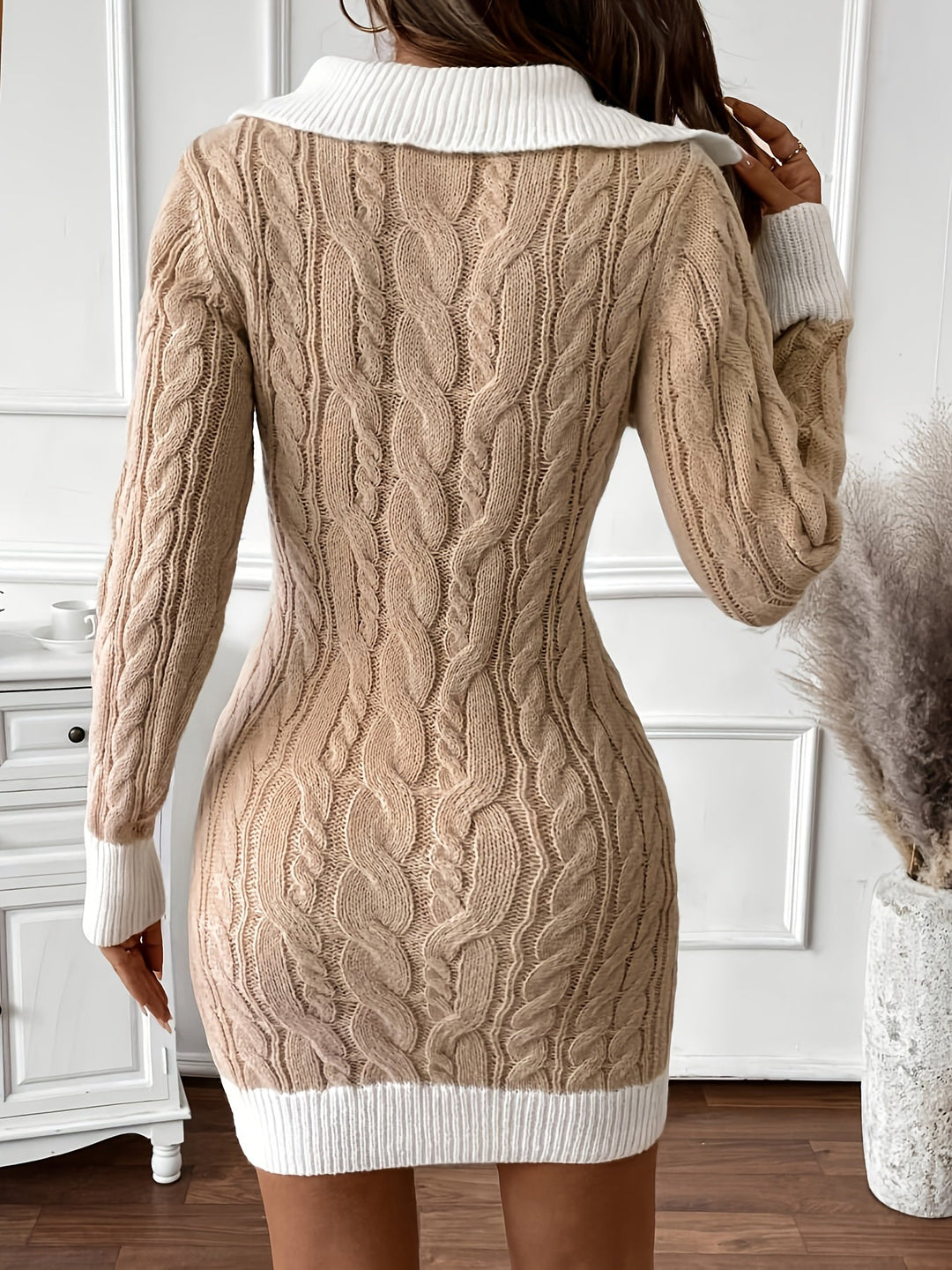 Ysabeau™ | Women's Cable Knit Collared Sweater Dress