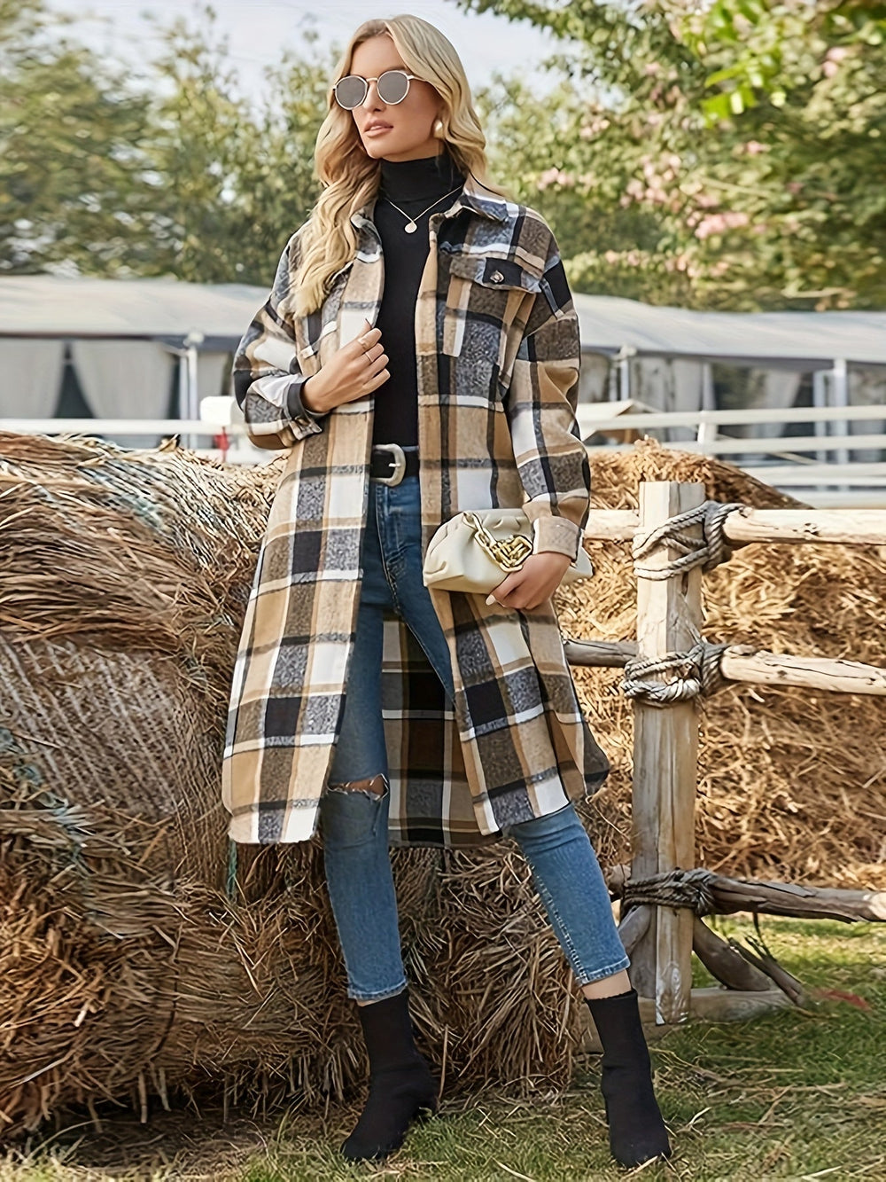 Berenice™ | Women's Longline Plaid Shirt Coat with Chest Pockets
