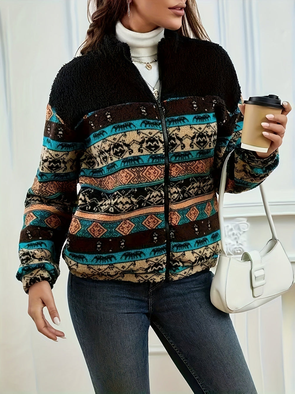 Eulalia™ | Women's Southwestern Print Zip Jacket with Stand Collar