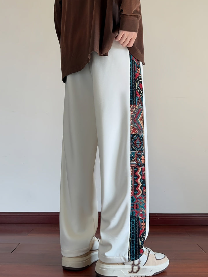 Rafael™ | Men's Wide Leg Drawstring Trousers with Patterned Side Panel
