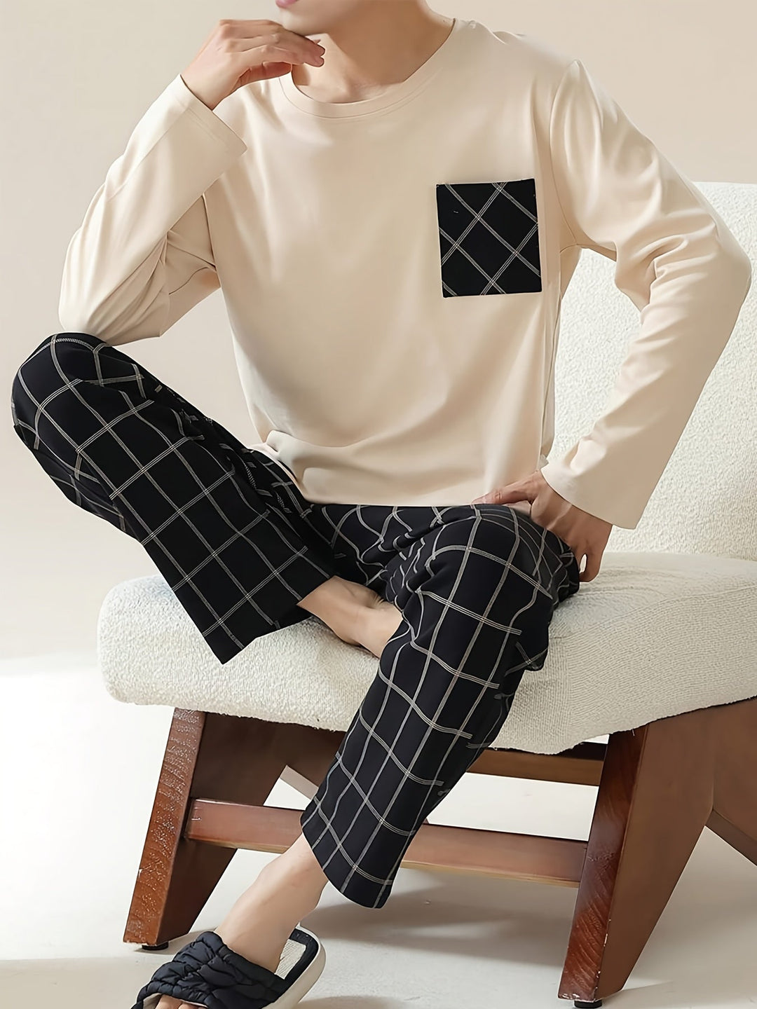 Piers™ | Men's Lounge Set with Long Sleeve Top and Checked Trousers