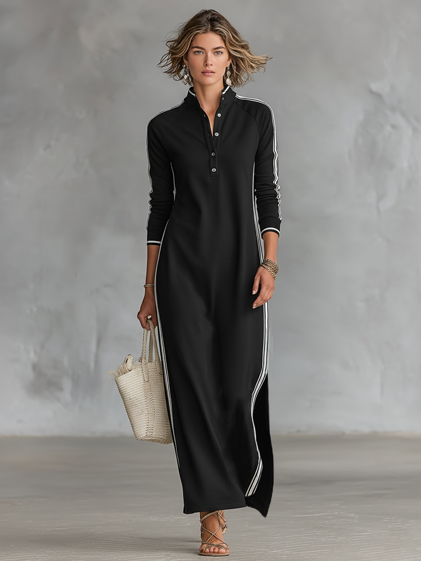 Maxi Dress Women’s Sweatshirt with Button-down Collar and White Trim