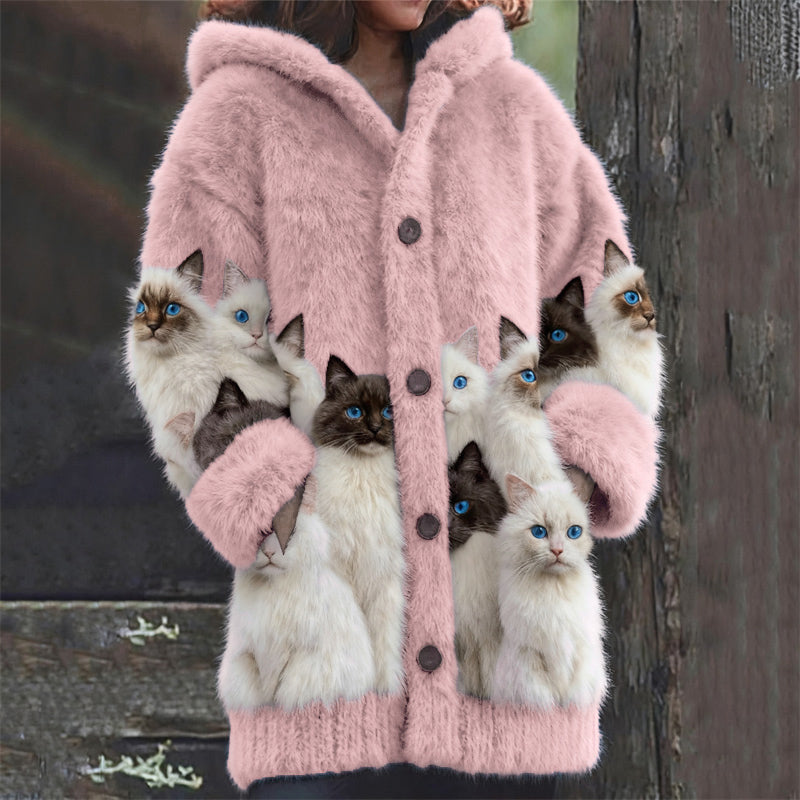 Minette™ | Women's Hooded Plush Cardigan with Cat Motif