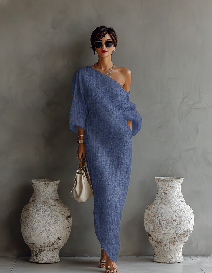 Elegant Flowing Dress in Ivory White Cotton-Linen with Off-Shoulder