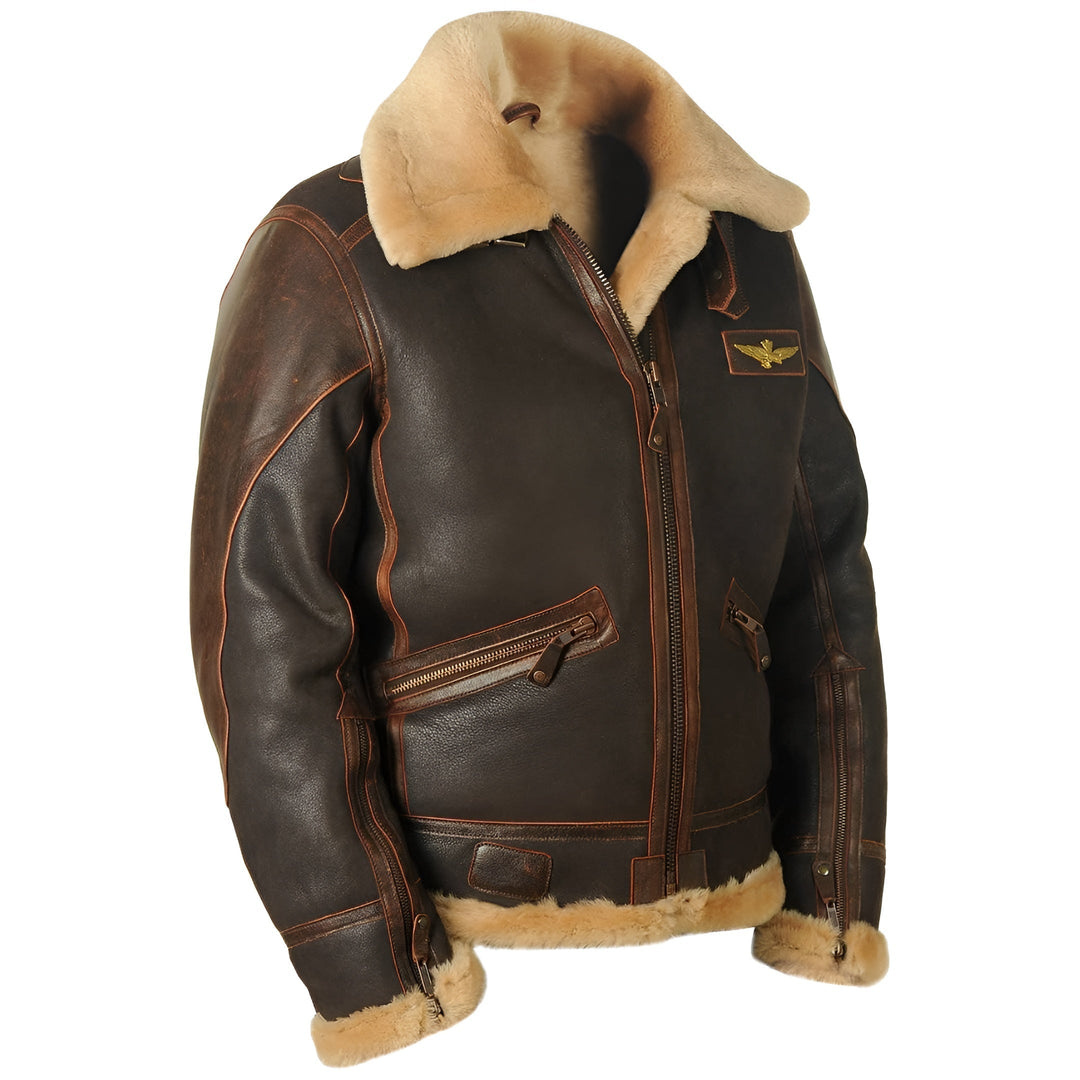 Leather Aviator Jacket with Shearling Collar in Dark Brown