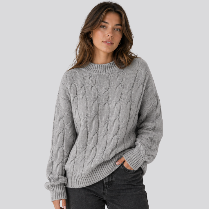 Lucasta™ | Merino Wool Cable Knit Sweater with Ribbed Cuffs and Hem