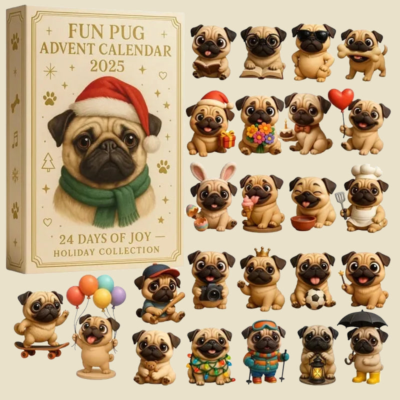 Funny Pug Advent Calendar with 24 Pug Figurines