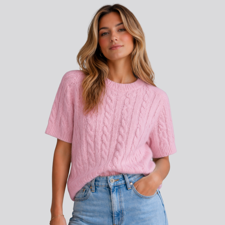 Marisol™ | Merino Wool Short Sleeve Cable Knit Top