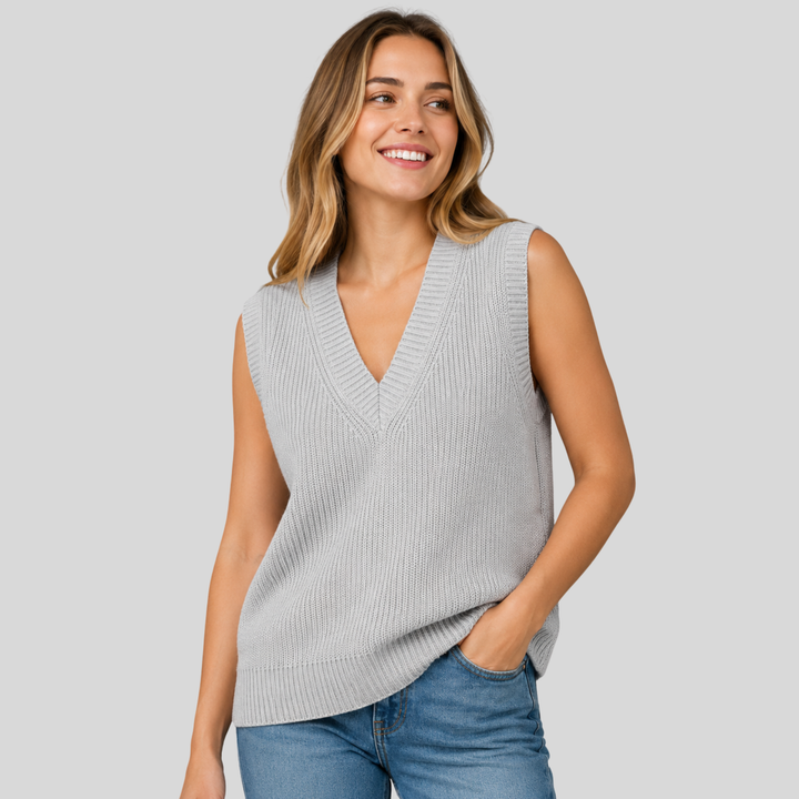 Zaneta™ | Cashmere Blend V-Neck Knit Vest with Ribbed Trims