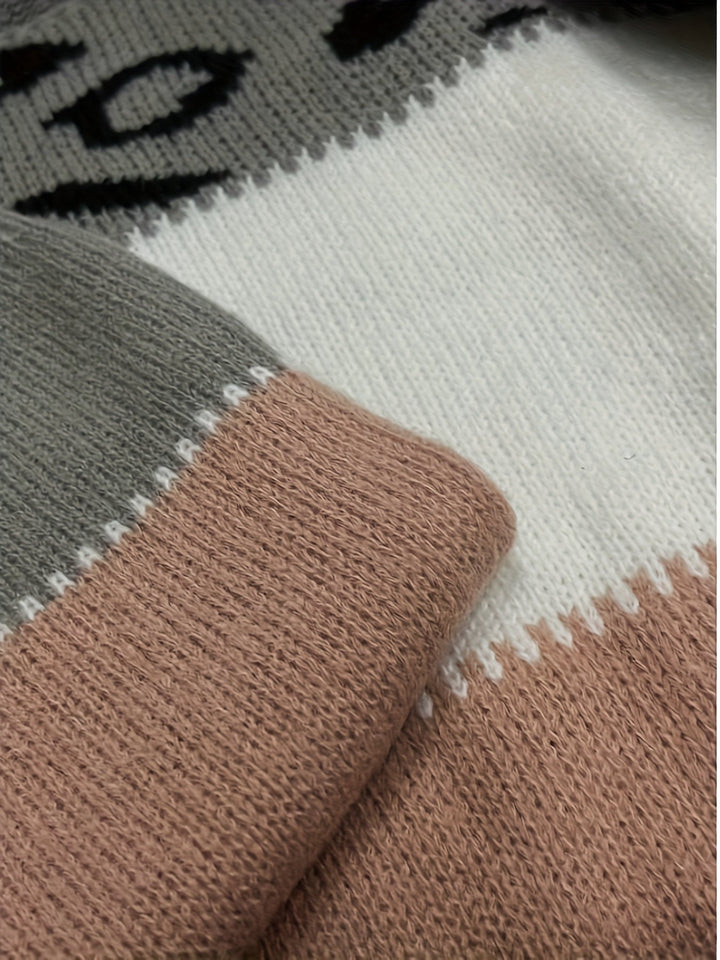 Solenne™ | Women's Colour Block Knit Sweater with Leopard Print Yoke