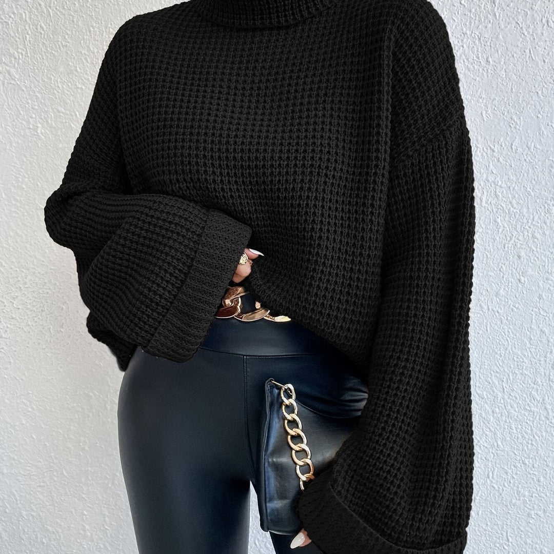 Whitney™ | Women's High Neck Waffle Knit Drop Shoulder Sweater