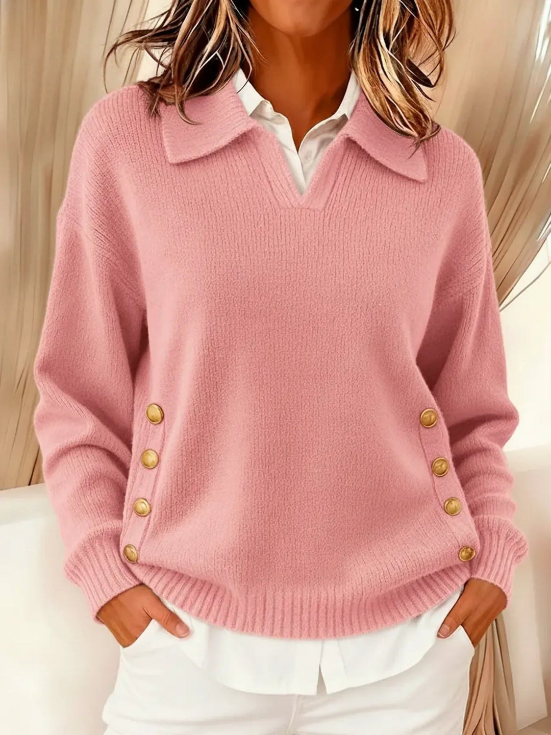 Vynette™ | Women's Collared V Neck Polo Sweater with Button Detail