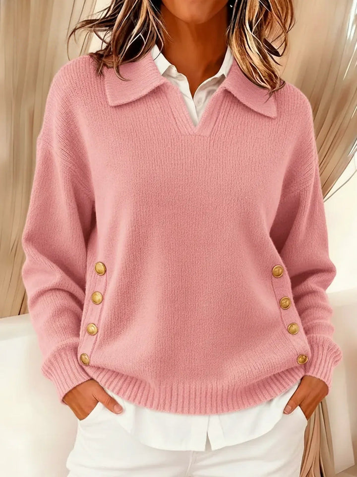 Vynette™ | Women's Collared V Neck Polo Sweater with Button Detail