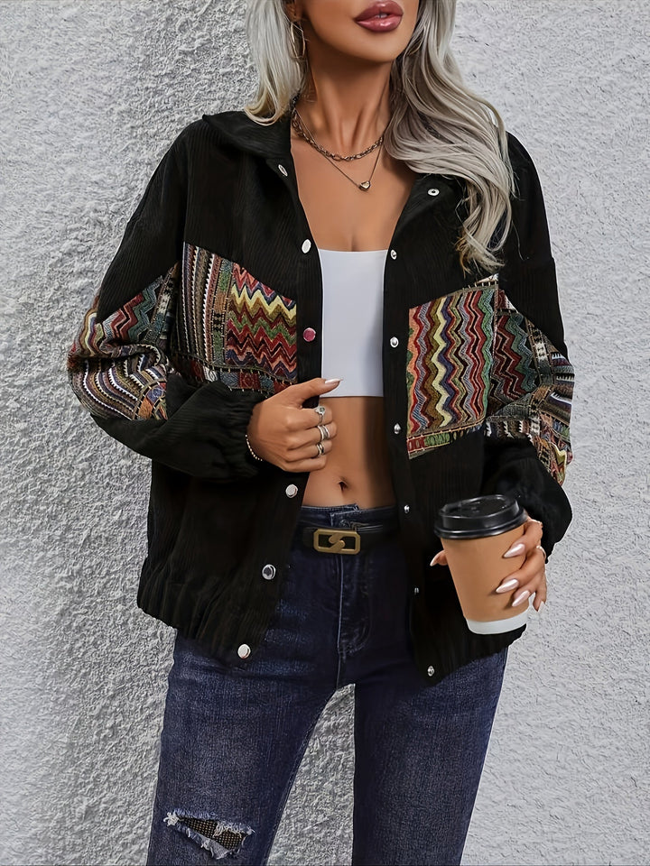 Guinevere™ | Women's Patchwork Snap Front Jacket with Woven Pattern Panels
