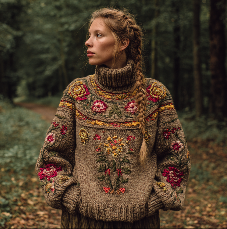 Elisende™ | Women's High Neck Knit Sweater with Floral Embroidery Print