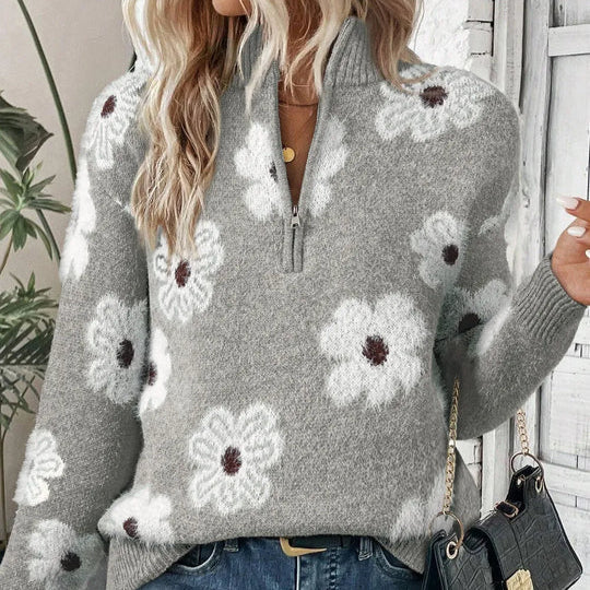Dionysia™ | Women's Daisy Floral Half Zip Knit Sweater with Collar