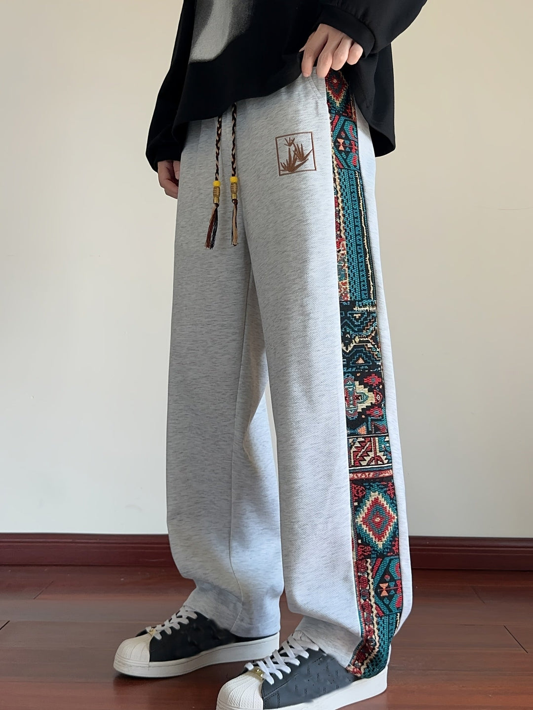 Rafael™ | Men's Wide Leg Drawstring Trousers with Patterned Side Panel