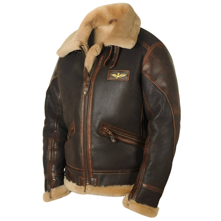 Leather Aviator Jacket with Shearling Collar in Dark Brown