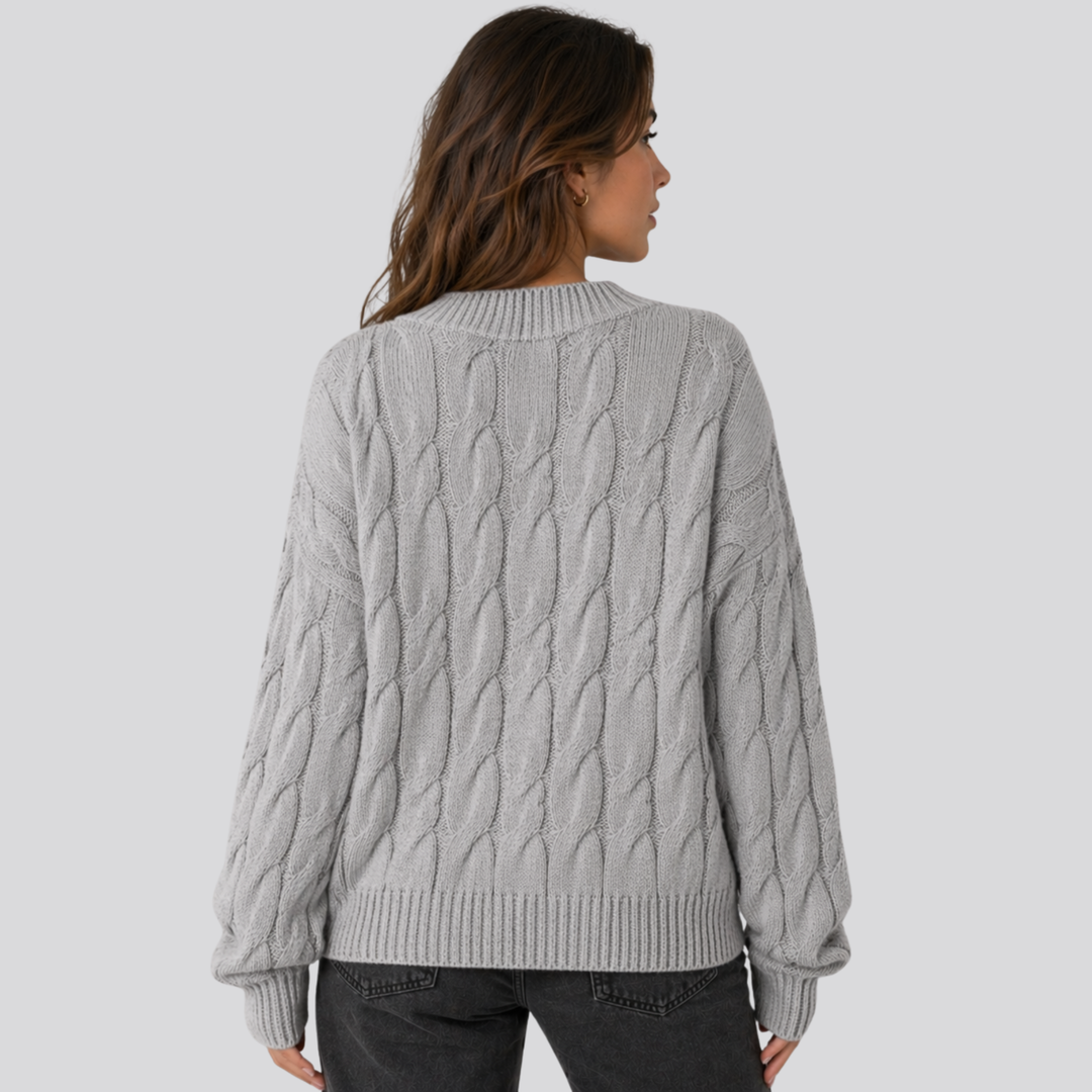 Lucasta™ | Merino Wool Cable Knit Sweater with Ribbed Cuffs and Hem
