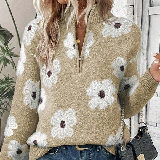 Dionysia™ | Women's Daisy Floral Half Zip Knit Sweater with Collar