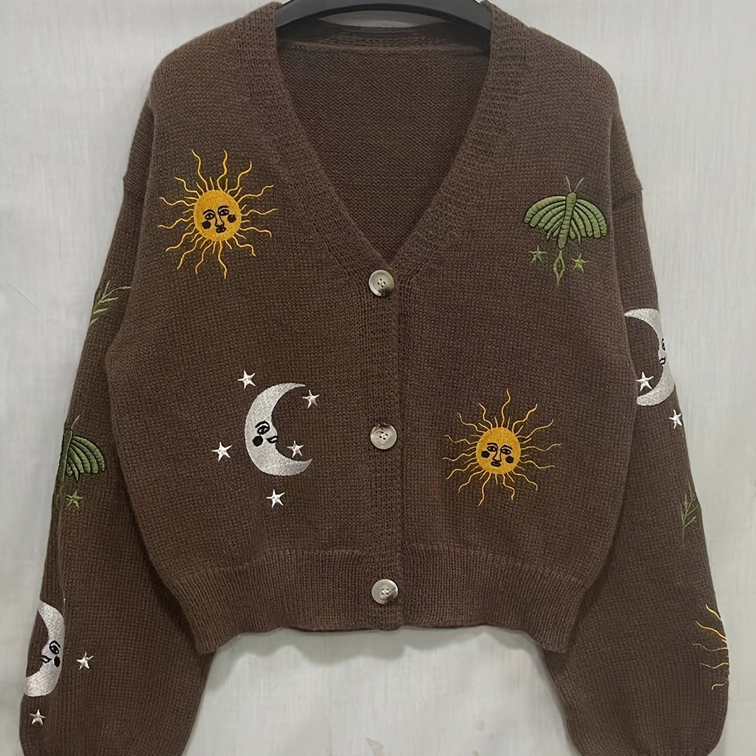Eglantine™ | Women's Celestial Embroidered Knit Cardigan with Lantern Sleeves