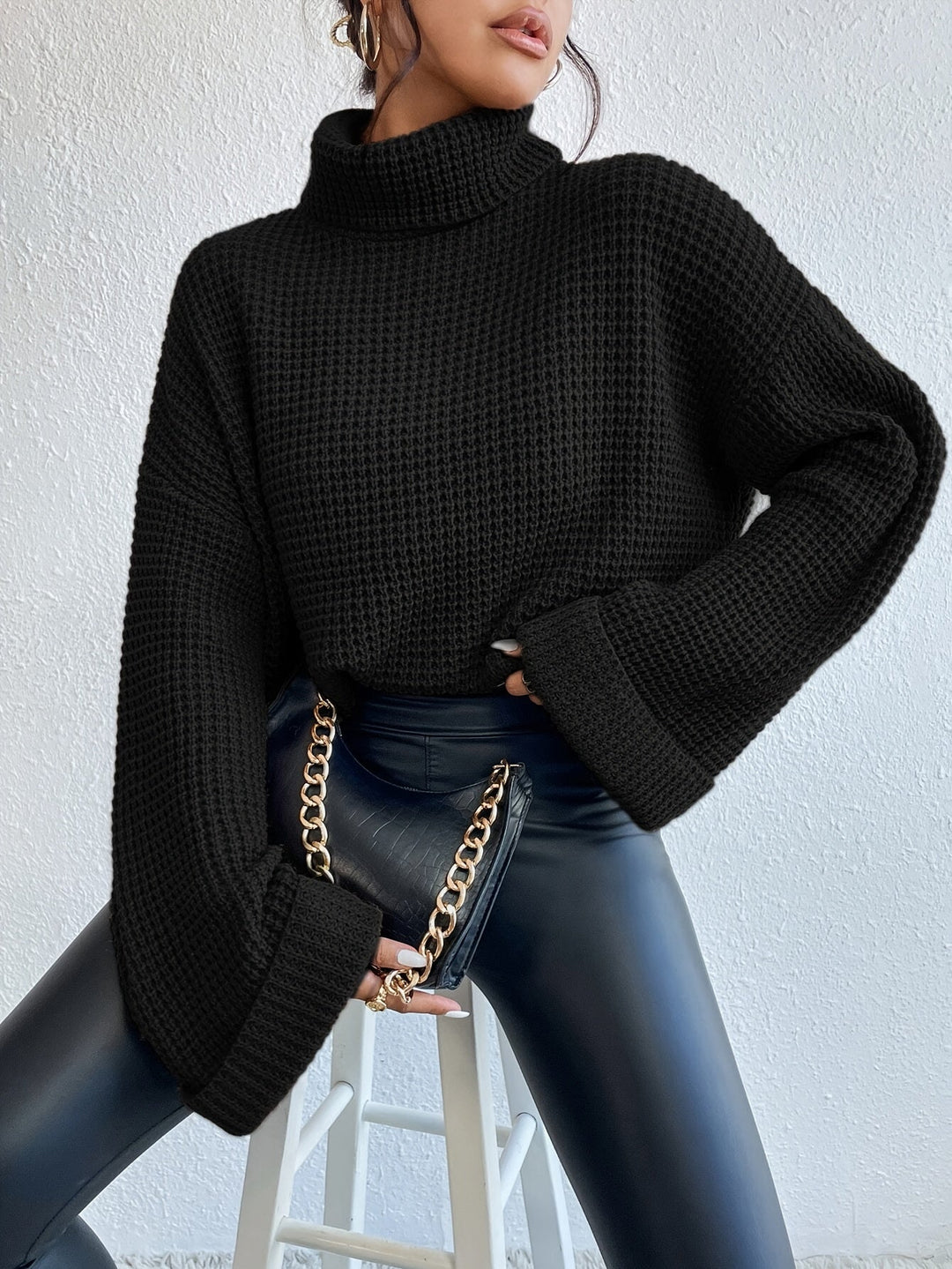 Whitney™ | Women's High Neck Waffle Knit Drop Shoulder Sweater