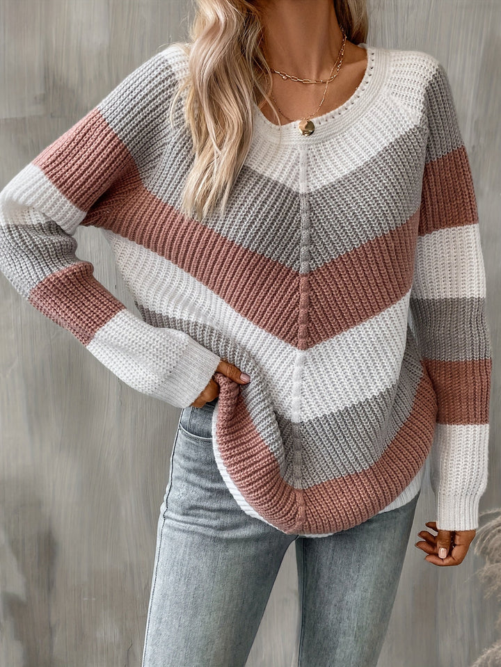 Tabitha™ | Women's Chevron Colour Block Knit Sweater with Round Neck