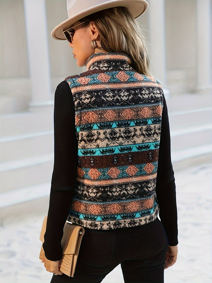 Elspet™ | Women's Southwestern Patterned Zip Up Vest with Stand Collar