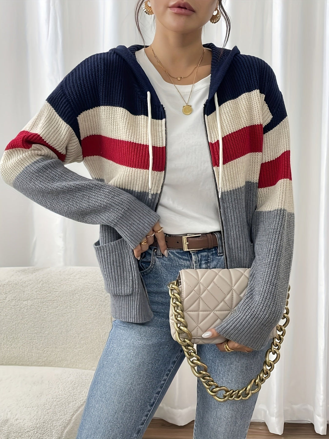 Susannah™ | Women's Colour Block Hooded Zip Cardigan with Pockets