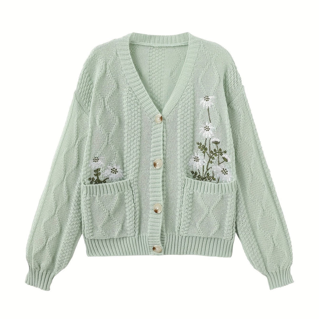 Winsome™ | Women's Floral Embroidered V-Neck Button Cardigan