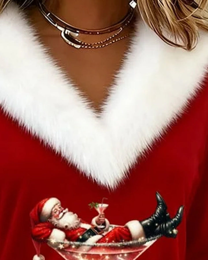 Victorine™ | Women's V-Neck Holiday Top with Plush Collar and Cuffs